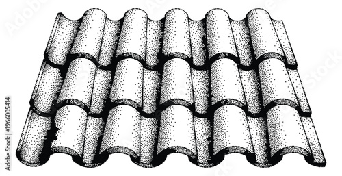 Engraving illustration of clay roof tiles depicting layered mediterranean roofing surface for architecture and construction design