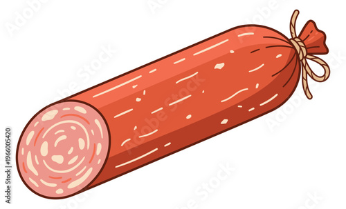 Cartoon illustration of a whole salami sausage depicting cured meat with twine knot for food and deli design