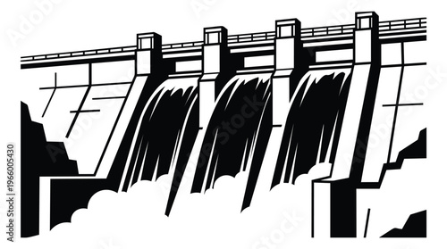 Woodcut illustration of a hydroelectric dam depicting rushing water flow through spillways for energy and infrastructure design