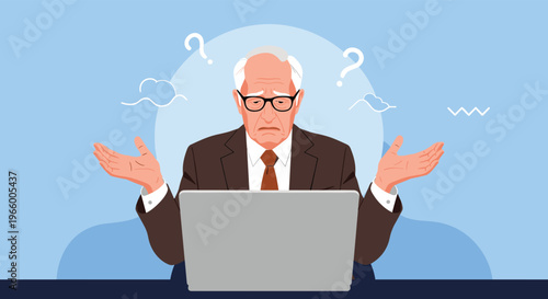 Elderly businessman with white hair and glasses shrugs his shoulders in confusion while sitting behind his laptop computer.