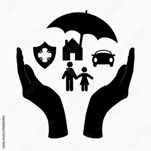 A vector graphic illustration of a pair of hands protecting a family, house, car, and shield under an umbrella