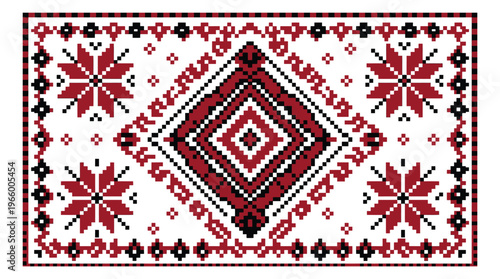 Flat illustration of Ukrainian folk embroidery depicting traditional geometric diamond pattern for textile and cultural design