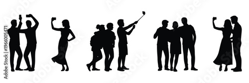 People selfie silhouette, group of friends taking photo with smartphone, social media concept