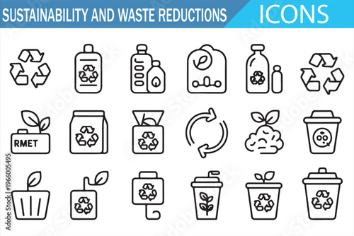 Sustainability and recycling icons set with eco waste reduction and environmental protection symbols