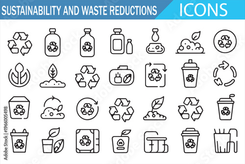 Sustainability and waste reduction line icons set with recycling compost eco friendly packaging zero waste environmental protection symbols vector illustration