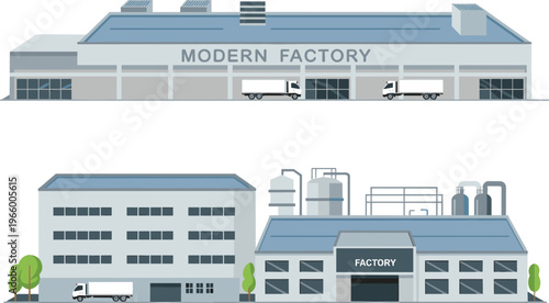 Modern factory buildings with logistics trucks and industrial production facilities vector illustration manufacturing plant infrastructure and transport system concept