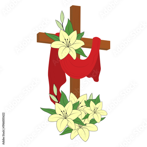 Good friday. Cross religious symbol. Crucifixion and resurrection Jesus Christ. Cross with lilies.