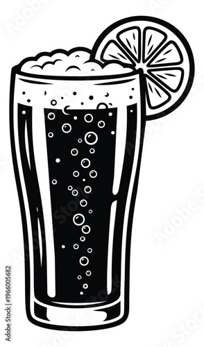 Bold cartoon illustration of a dark beer glass depicting a cold fizzy drink with lemon garnish for bar and beverage design