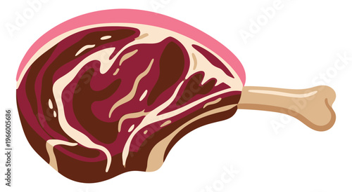 Cartoon illustration of a raw ribeye steak depicting a juicy bone-in cut for food and restaurant design