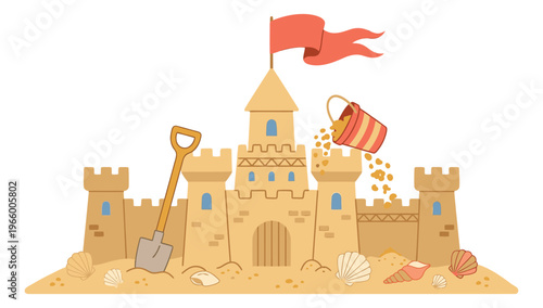 Flat illustration of a sand castle depicting summer beach play with shovel bucket and seashells for vacation design