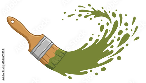 Cartoon illustration of a paint brush depicting green paint splashing and swirling for art and decoration design