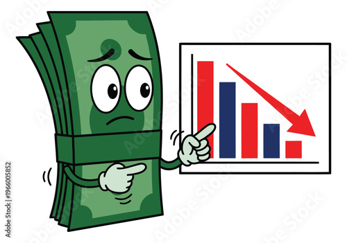 Cartoon illustration of sad money character depicting financial decline with a falling bar chart for business and finance design