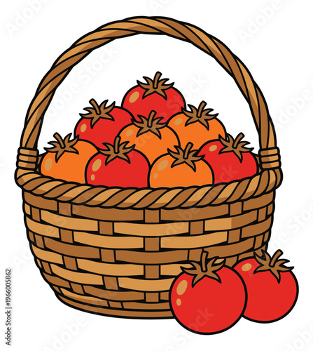 Cartoon illustration of a wicker basket full of ripe tomatoes depicting fresh harvest abundance for food and agriculture design