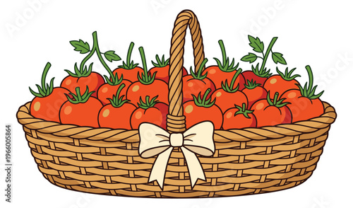 Cartoon illustration of ripe tomatoes in a wicker basket depicting a fresh harvest with decorative bow for food and agriculture design