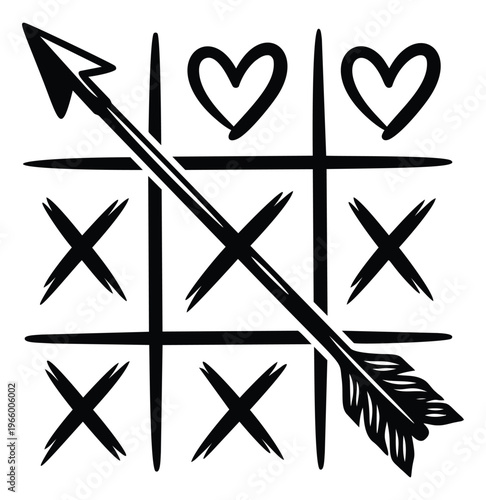 Sketch illustration of a tic tac toe board featuring hearts and x marks pierced by a cupid arrow for valentine day design