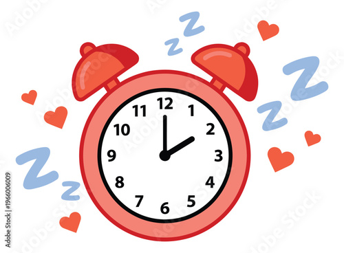 Cartoon illustration of a red alarm clock depicting snooze time with hearts and zzz symbols for sleep and love design