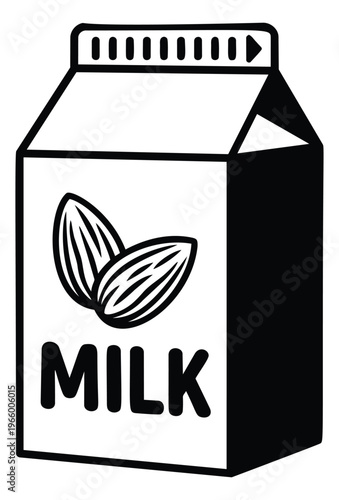Cartoon illustration of an almond milk carton depicting a plant based beverage package for food and nutrition design