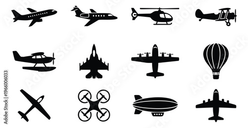 Silhouette icon set of 12 aviation vehicles featuring airplane, helicopter, hot air balloon, drone and blimp for transport design