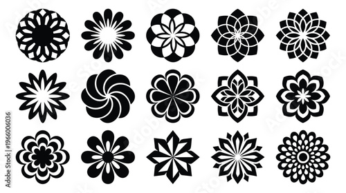 Silhouette icon set of 15 decorative flower designs featuring mandala rosette and petal patterns for ornamental design