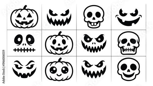 Flat silhouette icon set of 12 Halloween faces featuring jack o lantern pumpkins skulls and spooky expressions for seasonal design