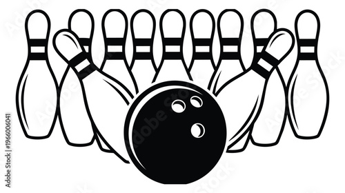 Bold cartoon illustration of bowling ball striking pins depicting strike action for sports and recreation design