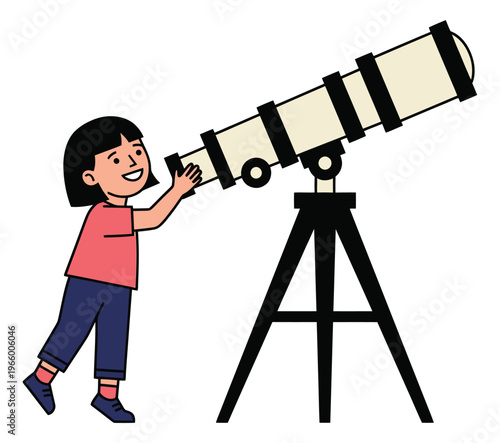Cartoon illustration of a girl using a telescope depicting childhood curiosity and astronomy exploration for educational design