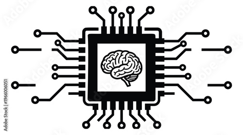 Outline illustration of an AI microchip depicting a brain circuit processor symbol for technology and artificial intelligence design