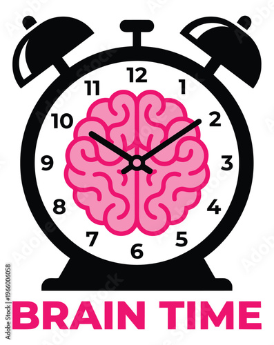 Flat illustration of a brain clock depicting cognitive time concept for education and mental health design