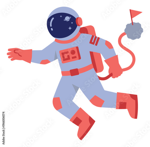 Flat illustration of an astronaut depicting floating in space with a flag and asteroid for science and adventure design