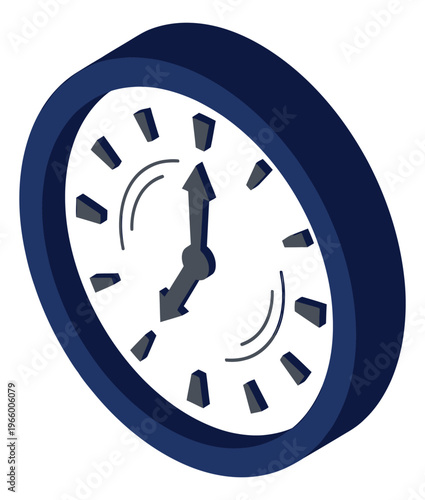 Isometric illustration of a round wall clock depicting nearly midnight or noon time for business and deadline design