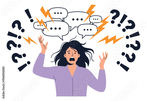 Flat illustration of overwhelmed woman depicting stress and information overload with speech bubbles and lightning bolts for mental health design