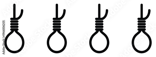 Hangman noose icon set, rope knot, suicide and execution symbols, gallows loop vector silhouette collection, dark thematic design, isolated vector illustration for educational or caution concepts.