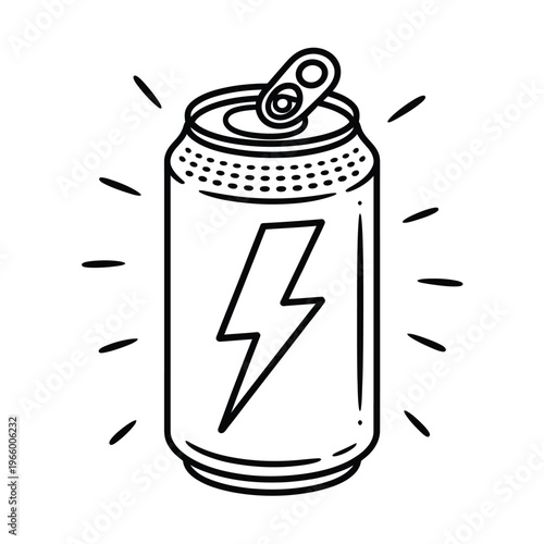 A black and white line drawing depicts an open energy drink can with a lightning bolt logo