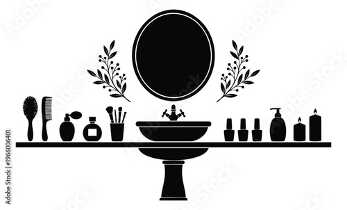 Silhouette illustration of bathroom vanity depicting sink mirror and beauty accessories for interior and lifestyle design