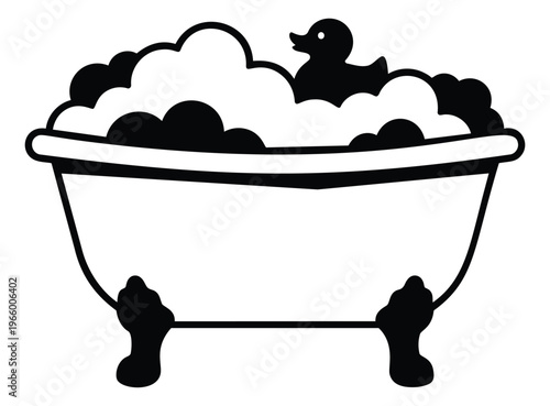 Silhouette illustration of a clawfoot bathtub depicting bubble bath with rubber duck for home and hygiene design