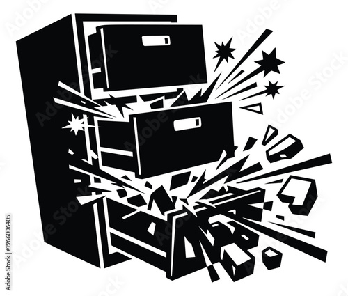 Woodcut illustration of a filing cabinet depicting explosive destruction and breaking apart for business and office design