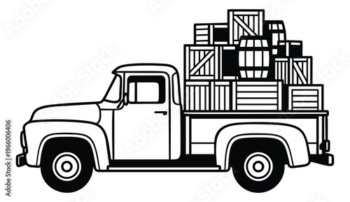 Outline illustration of vintage pickup truck depicting overloaded cargo bed with wooden crates and barrels for transportation design