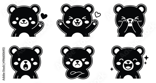 Cartoon icon set of 6 cute bear characters featuring various emotions and expressions for sticker and emoji design