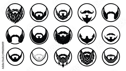 Silhouette icon set of 15 beard styles featuring mustache, goatee and braided grooming variations for barbershop design