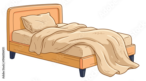 Cartoon illustration of a single bed depicting unmade bedding with rumpled blanket for home and interior design