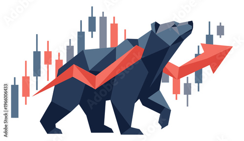 Flat illustration of a bear with candlestick chart depicting a bearish market trend reversal for finance and investment design