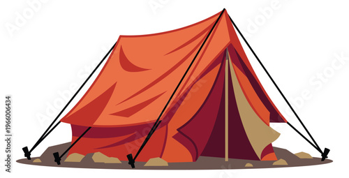 Cartoon illustration of a red orange camping tent depicting outdoor shelter with guy ropes for adventure and travel design