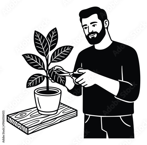 Cartoon illustration of a bearded man trimming a potted plant depicting pruning care activity for gardening and home decor design