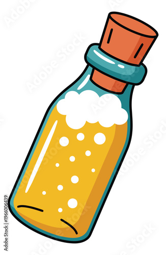 Cartoon illustration of a glass bottle depicting a fizzing golden liquid with cork stopper for beverage and game design