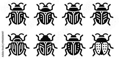 Bold cartoon icon set of 8 beetles featuring diverse insect designs with decorative patterns for nature and entomology projects