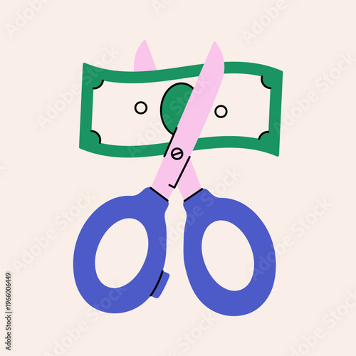 Scissors cut currency money. Cartoon scissors with paper dollar, business finance collapse, budget deficit, recession concept. Vector flat  illustration