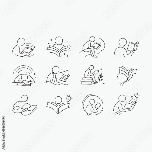 Minimalist outline icons of people studying and reading books for educational purposes and learning