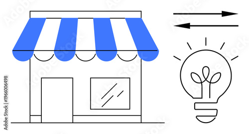 Business development, innovation, entrepreneurship, creativity, retail marketing, small businesses. A storefront with a striped awning beside a glowing light bulb. Business development and innovation