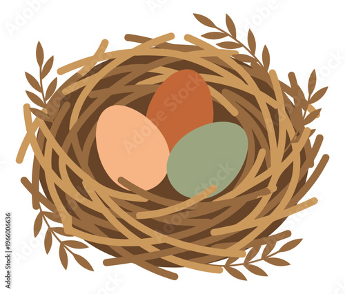 Flat illustration of a bird nest depicting three colorful eggs in a woven straw basket for spring and nature design