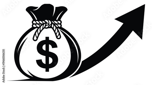 Bold silhouette illustration of money bag with rising arrow depicting financial growth for business and investment design